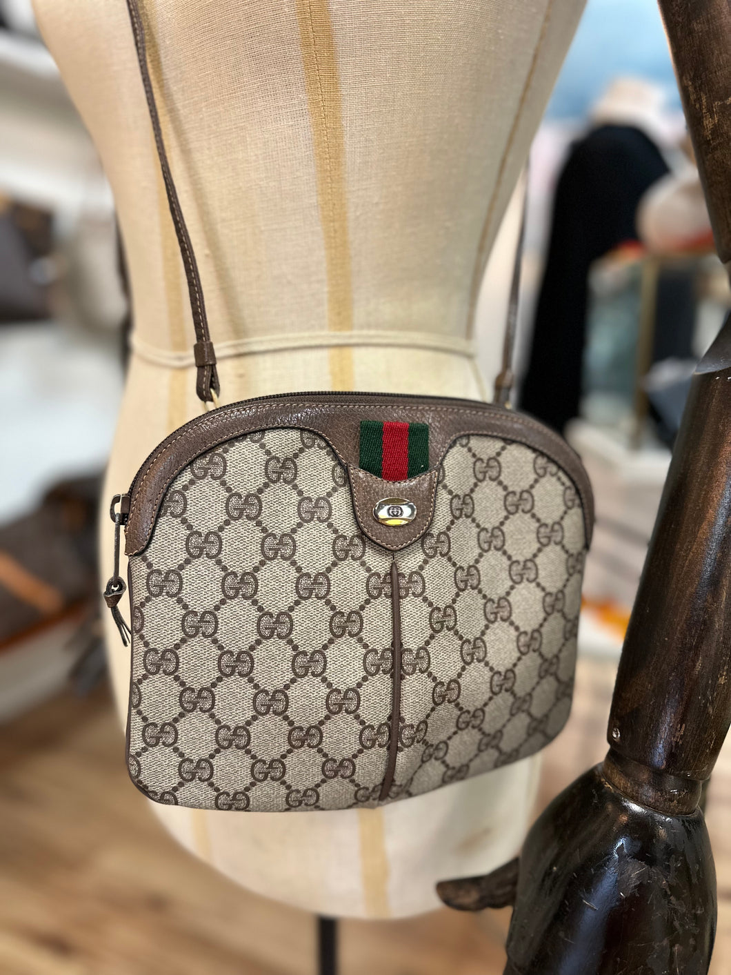 Authentic Gucci Vintage Brown GG Canvas with Web Stripes Strap